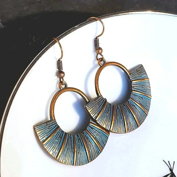 Antique Copper Verdigris Blue Green Patina Round Geometric Open Fan Earrings - Picture 6 of 7